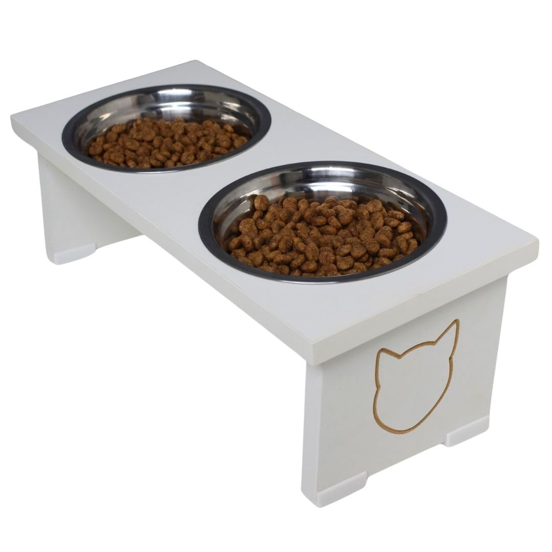 Comedouro Elevado Pet Gato MDF Duo Inox e Porcelana