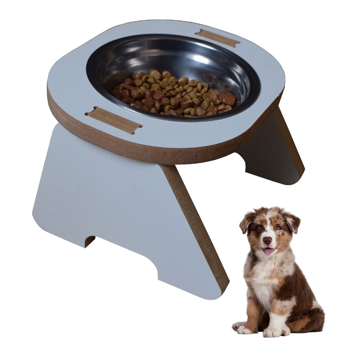 Comedouro Inclinado Cachorro Gato Pet MDF Branco Minimalista TEMOO