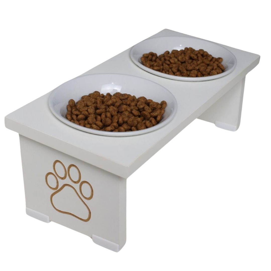 Comedouro Elevado Pet Cachorro MDF Duo  Inox e Porcelana