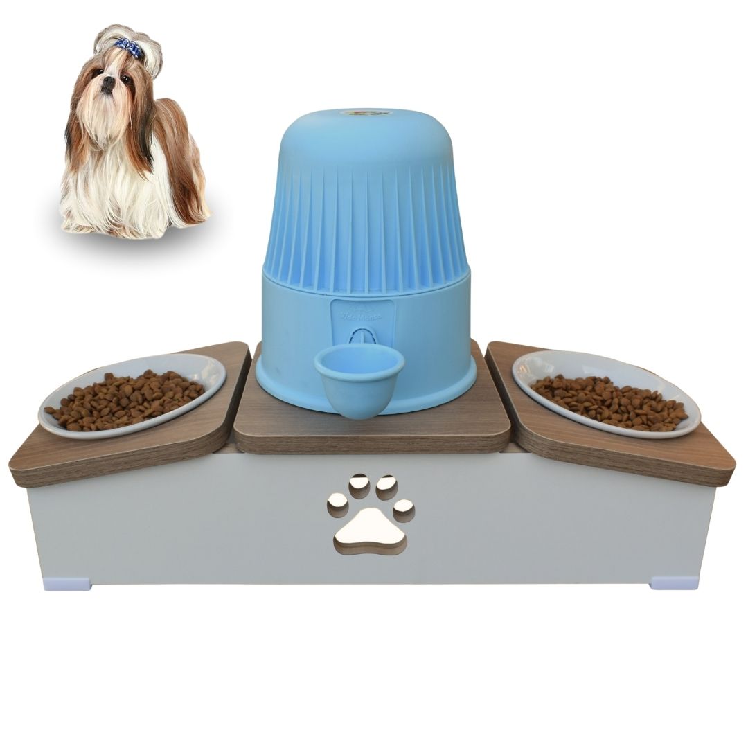 Comedouro Hibrido Duplo Cachorro Base Bebedouro Pet MDF - Porcelana