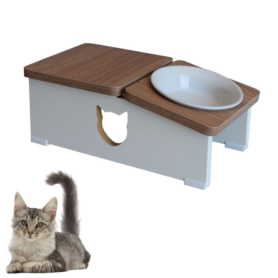 Comedouro Bebedouro Elevado Gato Base Hibrido Pet MDF - Porcelana