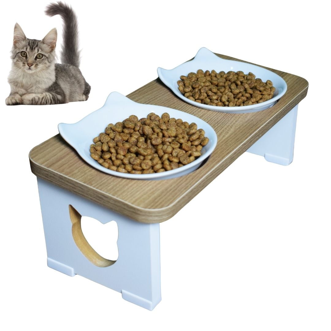 Comedouro Bebedouro Gato Duplo Elevado Pet MDF - Porcelana Felino