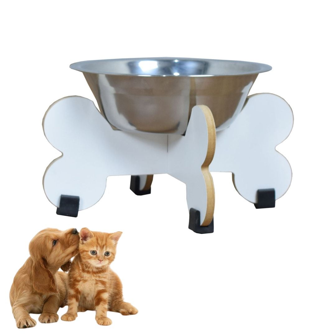 Comedouro de Cachorro Elevado Pet Gato MDF Modelo Osso 11 cm  - Inox