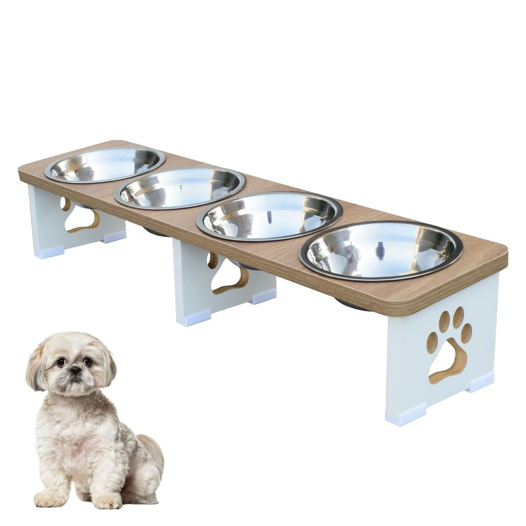 Comedouro Elevado Cachorro Pet Quadruplo Linear MDF - Inox