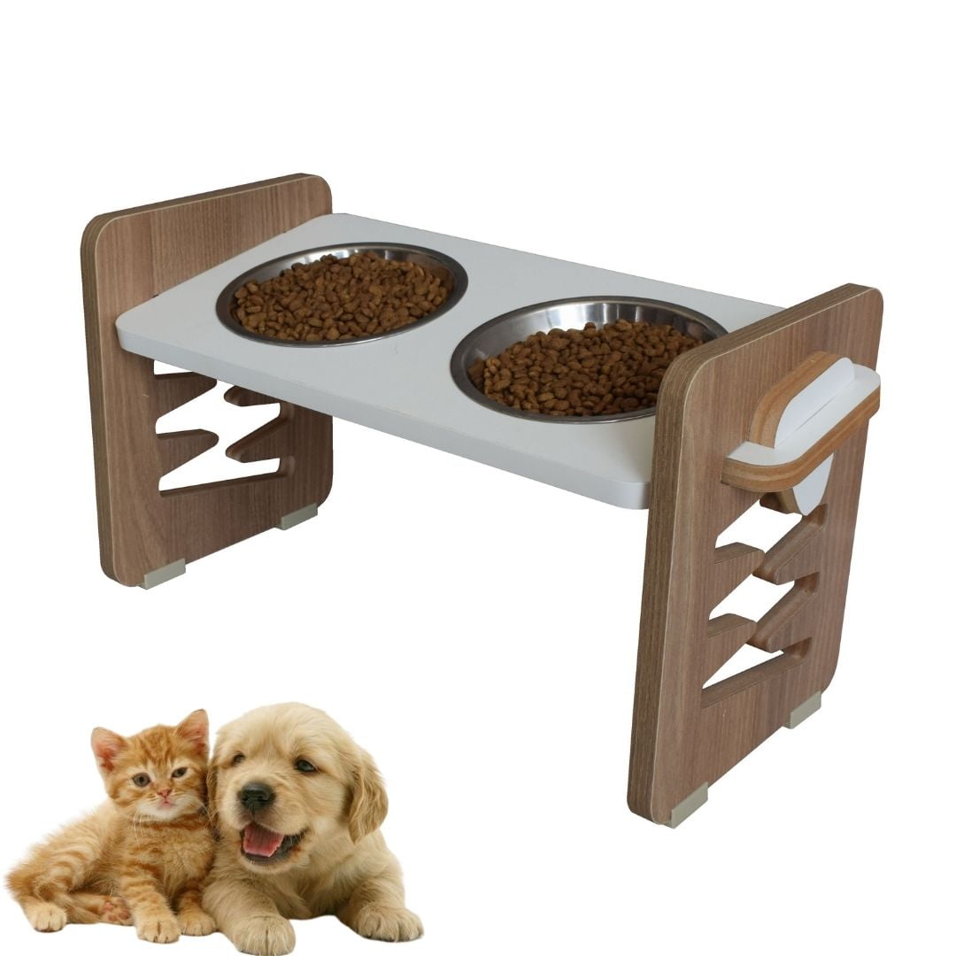 Comedouro Elevado Cães e Gatos Duplo Pet MDF  Zig Zag Regulagem Altura  - Inox