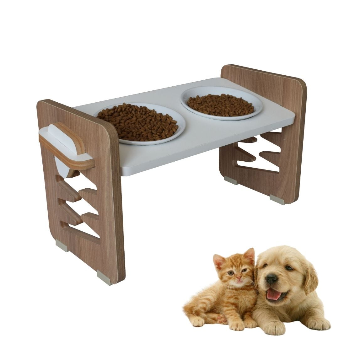 Comedouro Elevado Cães e Gatos Duplo Pet MDF Zig Zag Regulagem Altura  - Porcelana