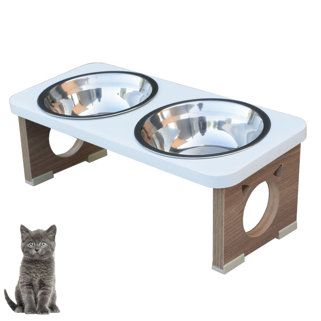 Comedouro Elevado Gato Duplo Pet MDF Colors - Inox - Branco