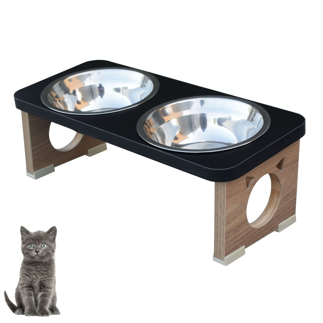 Comedouro Elevado Gato Duplo Pet MDF Colors - Inox - Preto