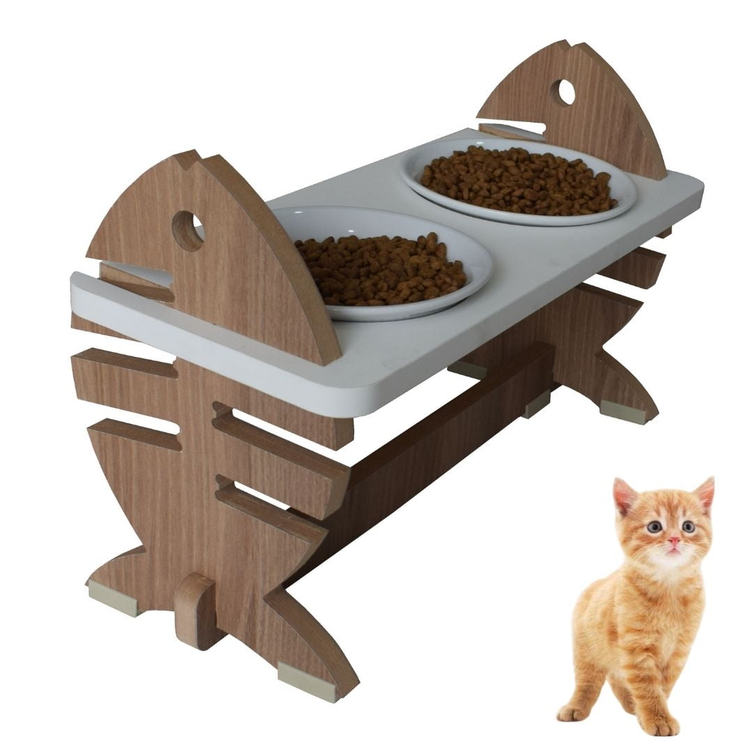 Comedouro Elevado Gato Duplo Pet MDF Espinha de Peixe Regulagem Altura - Porcelana