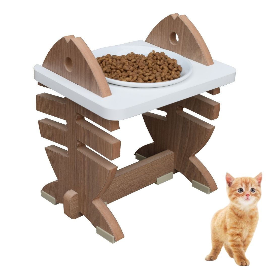 Comedouro Elevado Gato Pet MDF Espinha De Peixe Regulagem de Altura - Porcelana