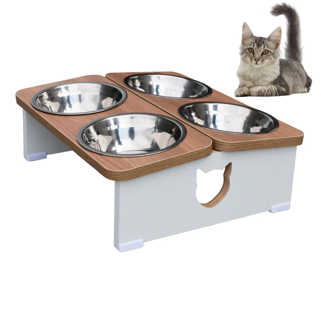 Comedouro Elevado Gato Pet MDF Quadruplo - Inox