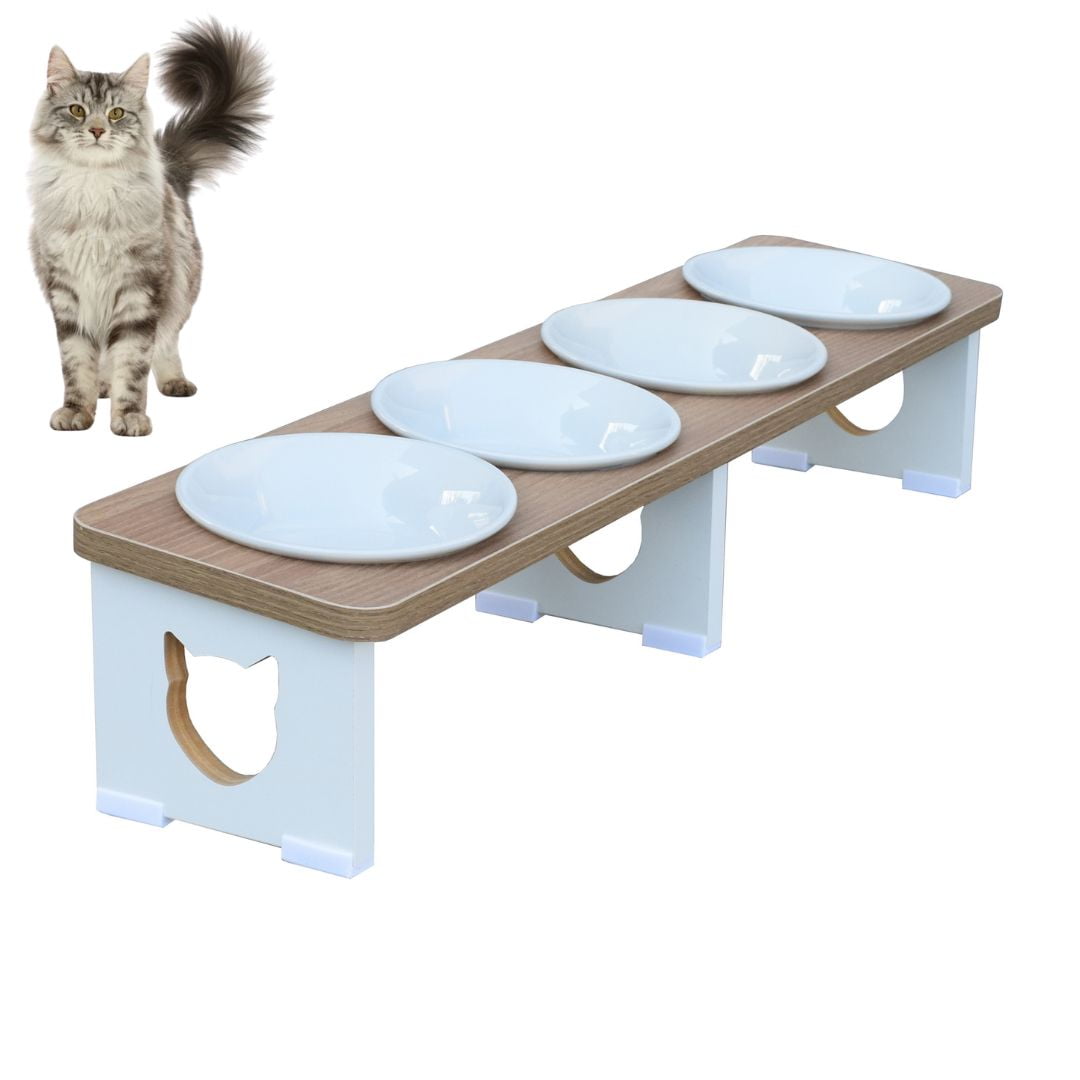 Comedouro Elevado Gato Pet Quadruplo Linear MDF - Porcelana