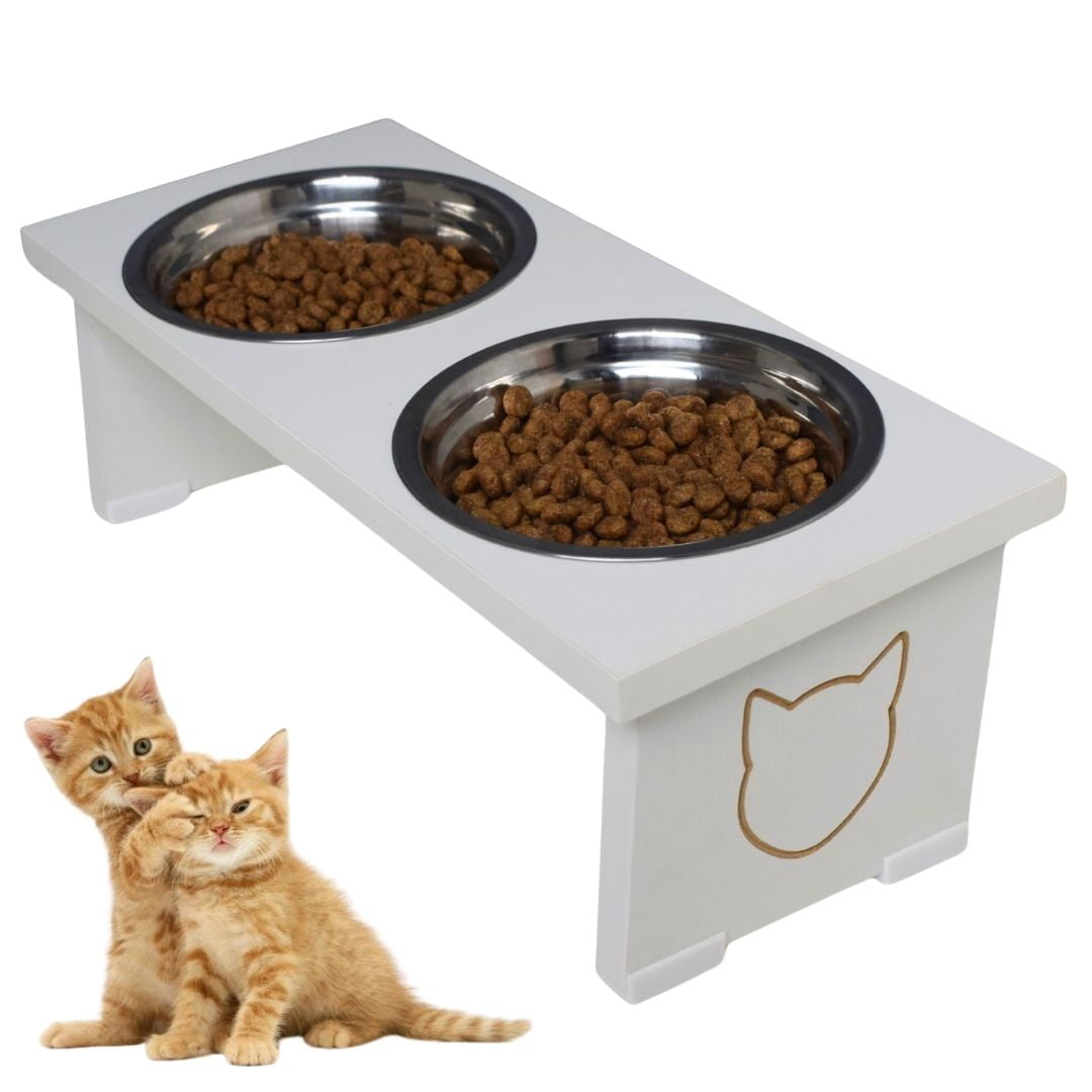 Comedouro Elevado Pet Gato MDF Duo  - Inox