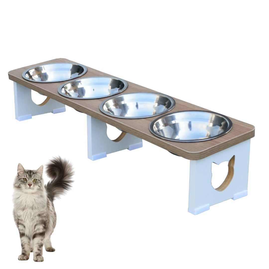 Comedouro Elevado Quadruplo Linear Gato Pet MDF - Inox