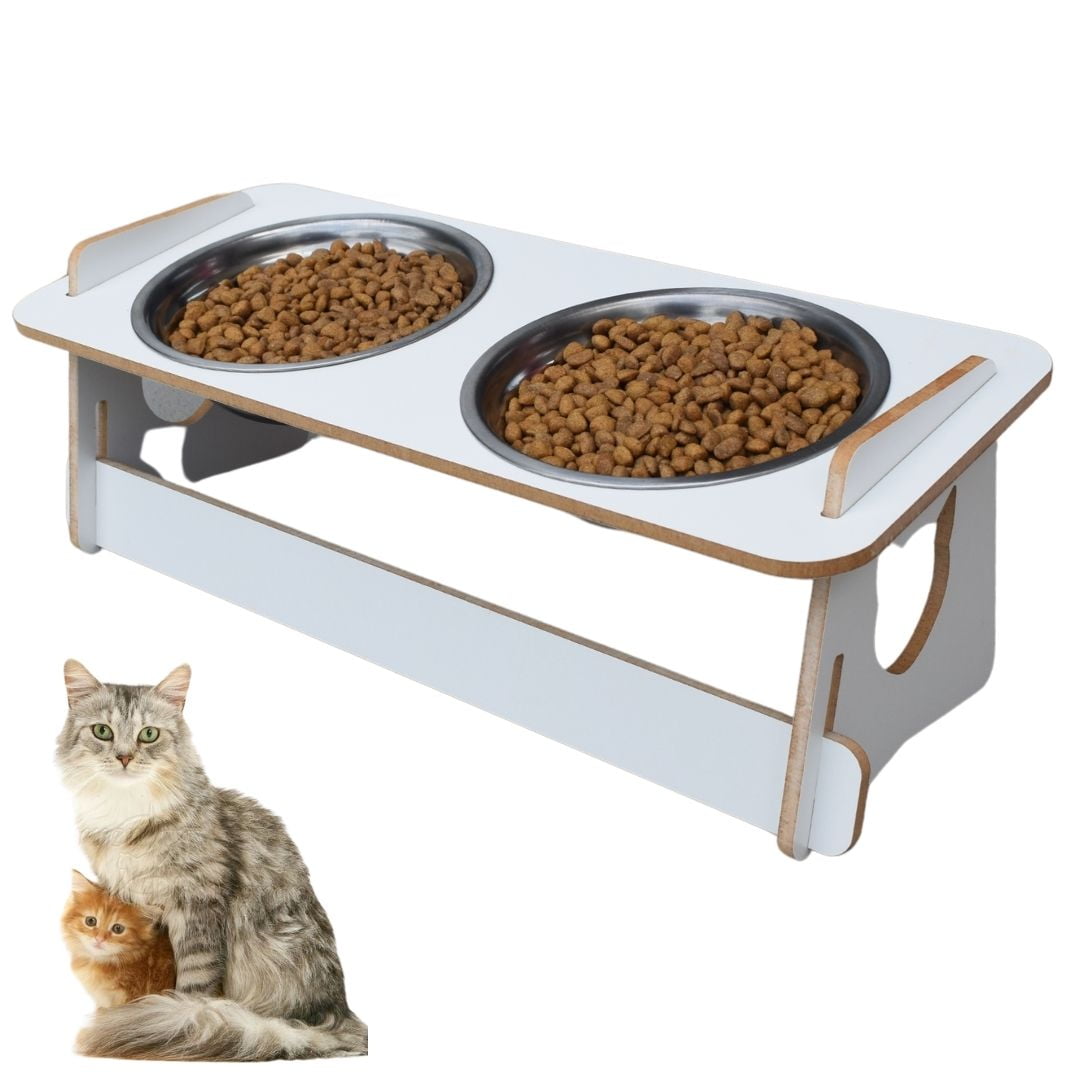 Comedouro Gato Elevado Duplo Pet Tigela Ração Inox Saudável - Branco