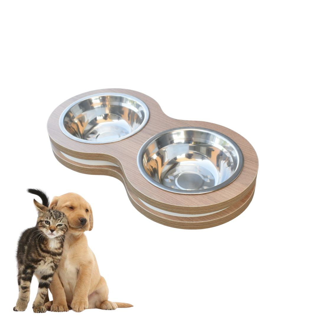 Comedouro Pet Elevado Duplo MDF Cães e Gatos - Inox