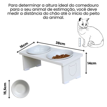 Comedouro Elevado Pet Gato MDF Duo Inox e Porcelana