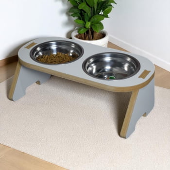 Comedouro Inclinado Duplo Cachorro Gato Pet MDF Branco Minimalista TEMOO