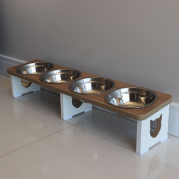 Comedouro Elevado Quadruplo Linear Gato Pet MDF - Inox