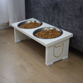 Comedouro Elevado Pet Gato MDF Duo Inox e Porcelana