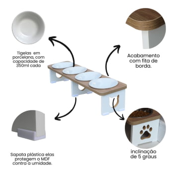 Comedouro Elevado Gato Pet Quadruplo Linear MDF - Porcelana