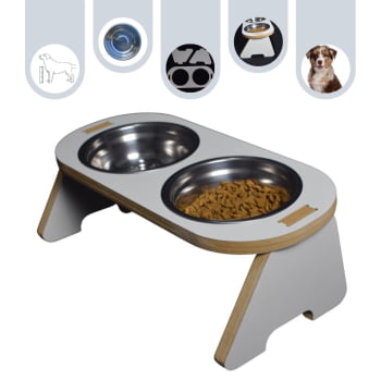 Comedouro Inclinado Duplo Cachorro Gato Pet MDF Branco Minimalista TEMOO