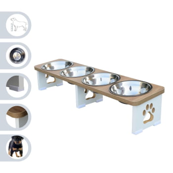 Comedouro Elevado Cachorro Pet Quadruplo Linear MDF - Inox