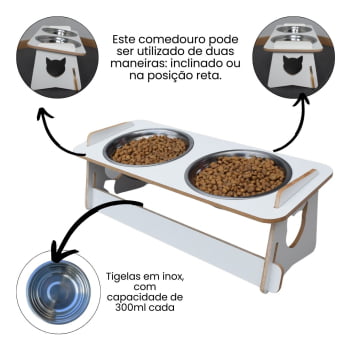 Comedouro Gato Elevado Duplo Pet Tigela Ração Inox Saudável - Branco