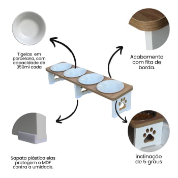 Comedouro Elevado Quadruplo Linear Cachorro Pet MDF - Porcelana