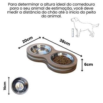 Comedouro Pet Elevado Duplo MDF Cães e Gatos - Inox