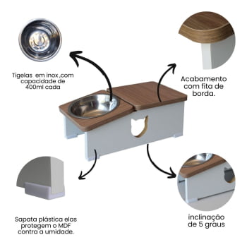 Comedouro Bebedouro Elevado Gato Base Hibrido Pet MDF - Inox