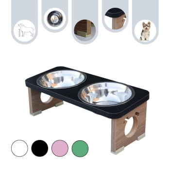 Comedouro Elevado Cachorro Duplo Para Pet MDF Colors - Inox - Preto