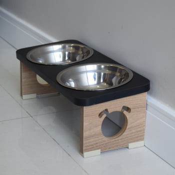 Comedouro Elevado Cachorro Duplo Para Pet MDF Colors - Inox - Preto