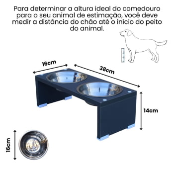 Comedouro Duplo Elevado Pet Gato Cachorro MDF Nick  Inox 