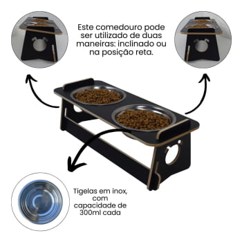 Comedouro Cachorro Elevado Duplo Pet Tigela Ração Inox Saudável - Preto