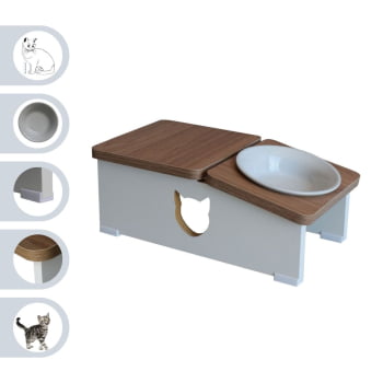 Comedouro Bebedouro Elevado Gato Base Hibrido Pet MDF - Porcelana