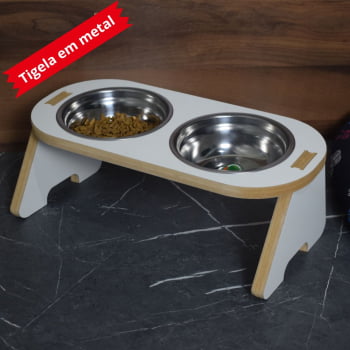 Comedouro Inclinado Duplo Cachorro Gato Pet MDF Branco Minimalista TEMOO