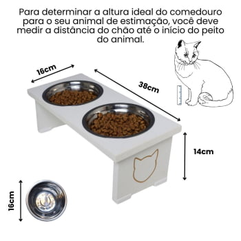 Comedouro Elevado Pet Gato MDF Duo Inox e Porcelana