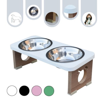 Comedouro Elevado Cachorro Duplo Para Pet MDF Colors - Inox - Branco