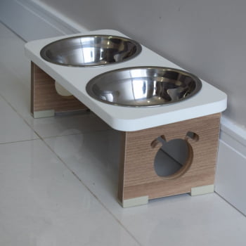 Comedouro Elevado Cachorro Duplo Para Pet MDF Colors - Inox - Branco