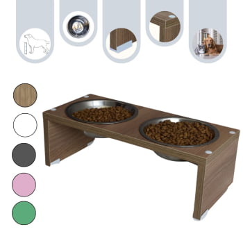 Comedouro Duplo Elevado Pet Gato Cachorro MDF Nick  Inox 