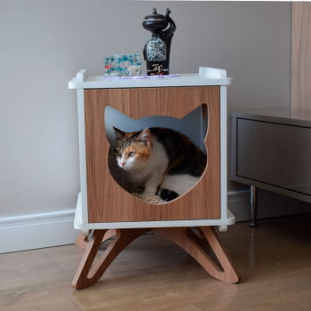 Mesa Cabeceira Gato Pet MDF Felino com Pés