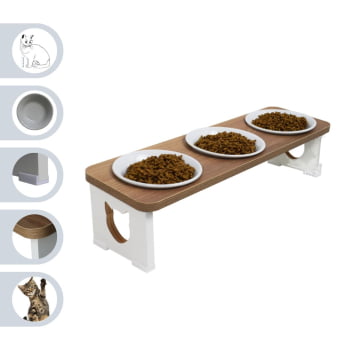 Comedouro Triplo Elevado Gato Pet MDF  - Porcelana