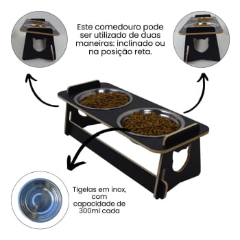 Comedouro Gato Elevado Duplo Pet Tigela Ração Inox Saudável - Preto