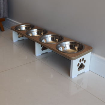 Comedouro Elevado Cachorro Pet Quadruplo Linear MDF - Inox