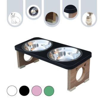 Comedouro Elevado Gato Duplo Pet MDF Colors - Inox - Preto