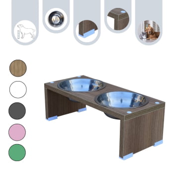 Comedouro Duplo Elevado Pet Gato Cachorro MDF Nick - Inox