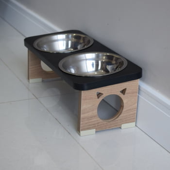 Comedouro Elevado Gato Duplo Pet MDF Colors - Inox - Preto