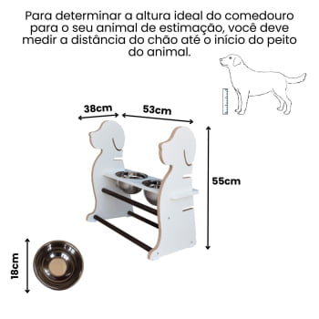 Comedouro Cachorro Grande Elevado Duplo Pet MDF Regulagem Altura - Branco