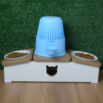Comedouro Hibrido Duplo Gato Base Bebedouro Pet MDF